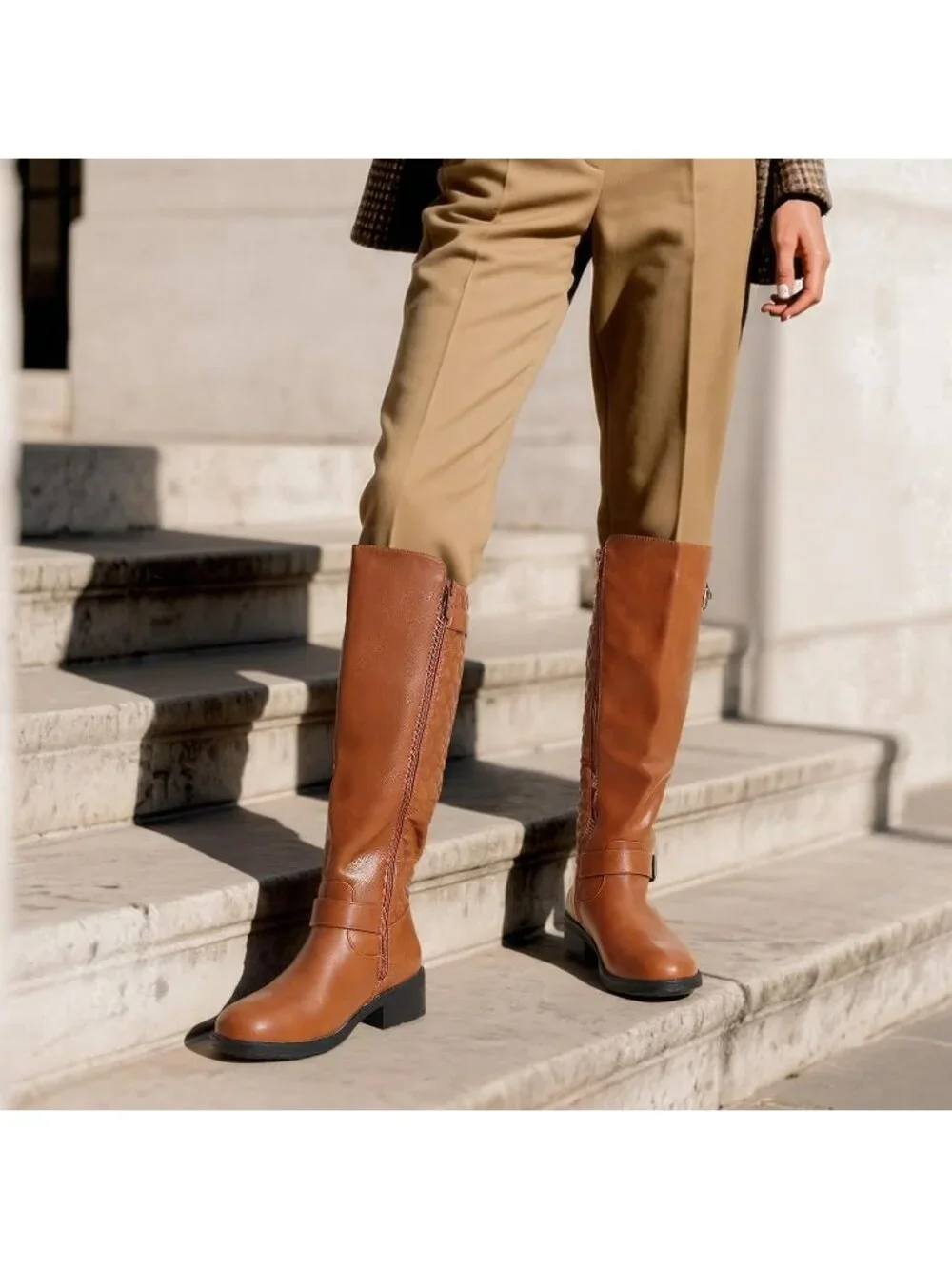 Women's Light Brown Comfortable Chunky Block Heel Round Toe Knee High Boots